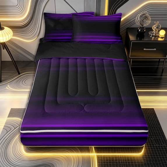 Erosebridal Futuristic Shading Zipper Twin Comforter Sets with Fitted Sheet and 2 Pillowcases,Horizontal Stripe Zipper Bedding Set,Purple Black,Black Reversible