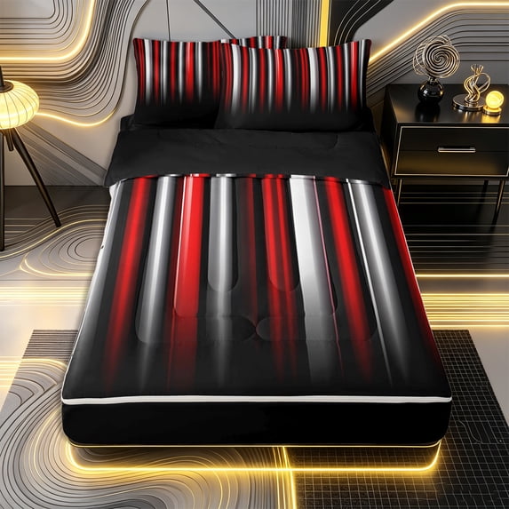 Erosebridal Futuristic Sleek Vertical Stripe Pattern Zipper Queen Comforter Set with Fitted Sheet and 2 Pillowcases,Gradient Line Print Zipper Bedding Set,Red Silver Black,Black Reversible