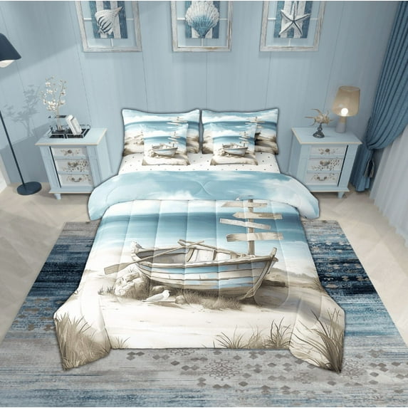Erosebridal Ocean Beach Bedding Sets Twin Size,Marine Boat Comforter Sets with Sheets,Teenager Bedroom Decor,Reversible,Breathable,7pcs