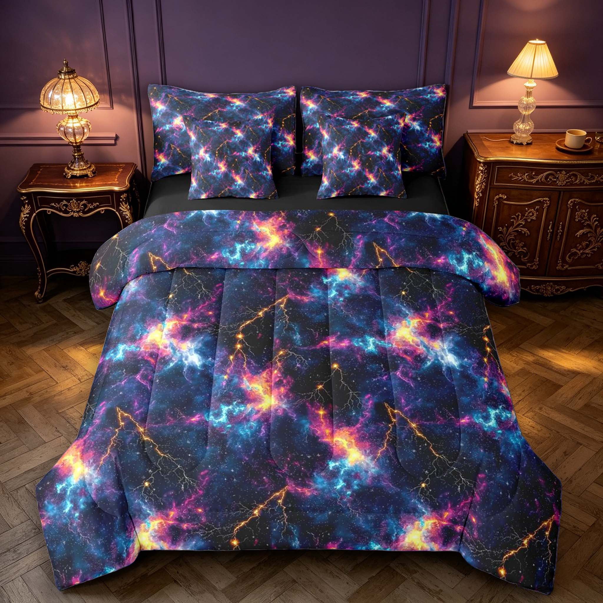 Starry Galaxy Roses Erosebridal Galaxy Lightning Bolts 7 Pieces Full Size Bedding Sets ...