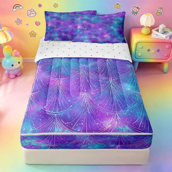 Erosebridal Galaxy Peacock Feather Zipper Queen Comforter Set with Fitted Sheet and 2 Pillowcases,Purple Blue Cosmic Magical Night Sky Zipper Bedding Set For Adults,Reversible,4-Piece