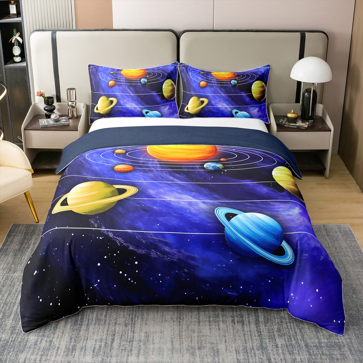Copripiumino Homewish 3 Pezzi Tema Spazio Galaxy Cosmos, Super King Size (218x259 Cm), Con Federe, Stampa 3D Pianeti E Stelle