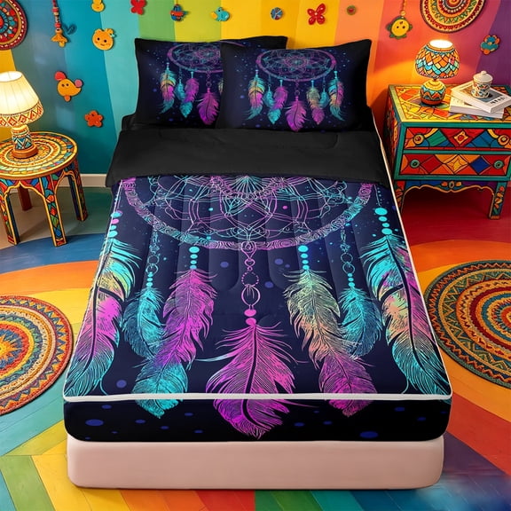 Erosebridal Galaxy Rainbow Dreamcatcher Zipper Twin Comforter Sets with Fitted Sheet and 2 Pillowcases,Neon Feather Boho Hippie Night Sky Pattern Zipper Bedding Set ,Black Reversible,4 Pieces