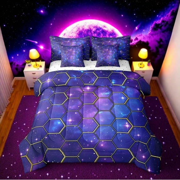 Erosebridal Galaxy Starry Night Bedding Sets Twin Size,Geometric Hexagon Comforter Sets with Sheets,Mystic Stars Bedroom Decor,Reversible,7pcs