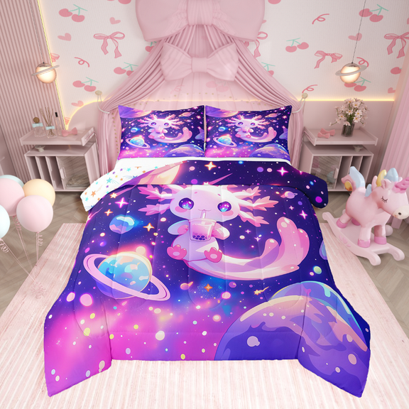 Erosebridal Galaxy Starry Sky Bedding Twin Comforter Set,Kawaii Axolotl Down Comforter,Planet Decor,Reversible,2-Piece