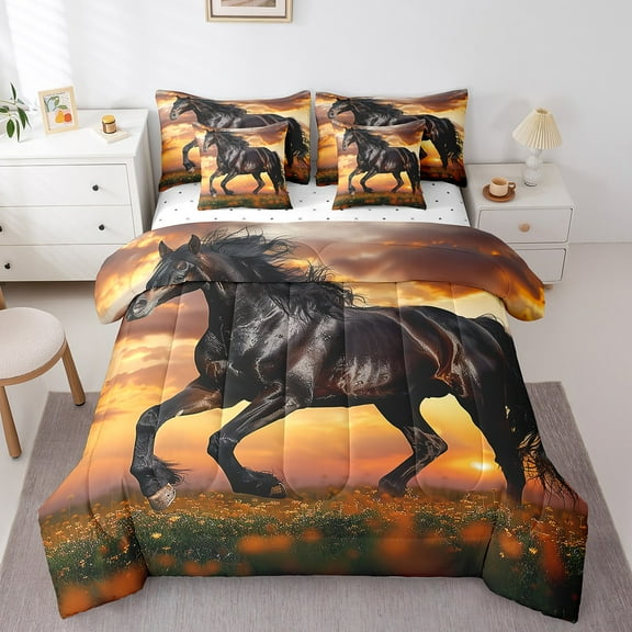 Erosebridal Galloping Horse Bed in a Bag Full size,Farm Animal Bed Set,Floral Sunset Bedding Full Size,Lightweight Wildlife Room Decorative,Reversible,7pcs