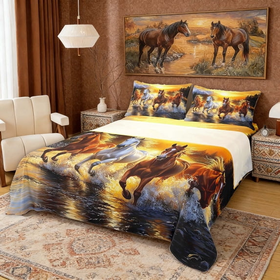 Erosebridal Galloping Horse Queen Sheet Sets, Natural Scene Bed Set, 4pcs (1 Flat Sheet, 1 Fitted Sheet and 2 Pillowcases)