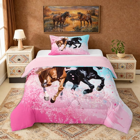 Erosebridal Galloping Horse Twin Comforter Sets, Pink Cherry Blossoms Bedding Set