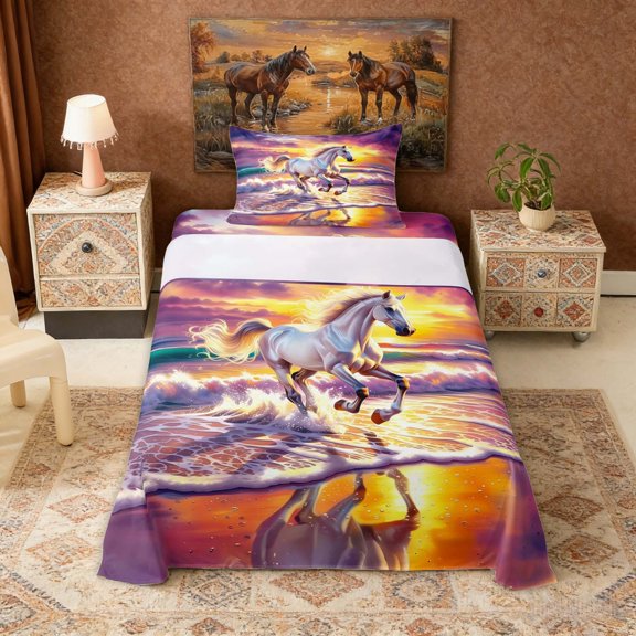 Erosebridal Galloping Horse Twin Sheet Sets, Ocean Beach Bedding, 3pcs (1 Flat Sheet, 1 Fitted Sheet and 1 Pillowcase)