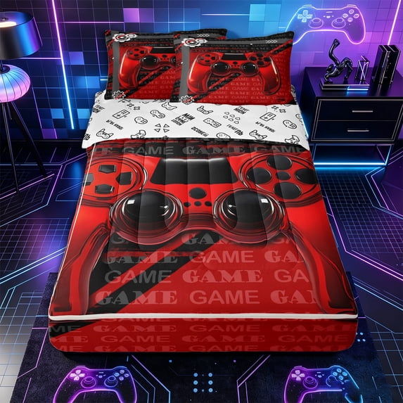 Erosebridal Game Controller Pattern Zipper Twin Comforter Sets with Fitted Sheet and 2 Pillowcases,Video Game Zipper Bedding Set,Red Black,Reversible