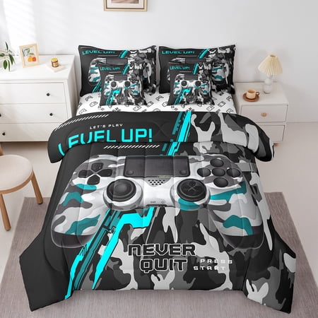 Erosebridal Game Gaming Bed in a Bag Twin SizeCyan Gamepad Bed Set,Modern Abstract Camo Print Bedding Twin Size,Lightweight Bedroom Decorative Reversible,7 Pieces