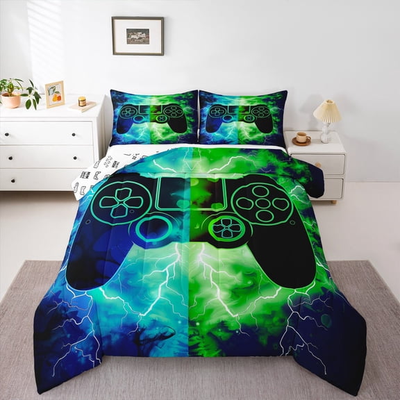 Erosebridal Game Gaming Bedding Twin Comforter Set,Blue Green Gamepad Down Comforter,Magic Abstract Lightning Bedding Sets Twin with Comforter,Lightweight Bedroom Decorative Reversible,2 Pieces