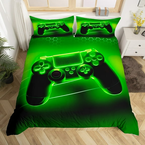 Erosebridal Game Gaming Comforter Cover King,Green Gamepad Bedding King Size,Geometry Hexagon Duvet Cover King For Teens,Ultra Soft Room Decoration Reversible,3pcs（No Comforter）