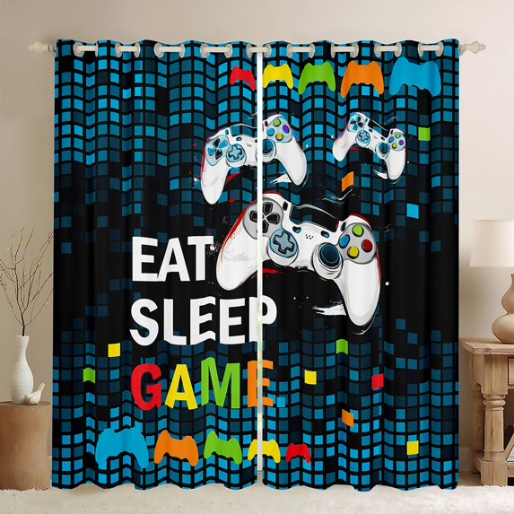 Erosebridal Game Player Curtains for Living Room, Neon Blue Gamepad 30%-50% Blackout Curtains Set of 2 (52x84), Video Games Curtains and Drapes (52x84), Window Curtains Room Decorative