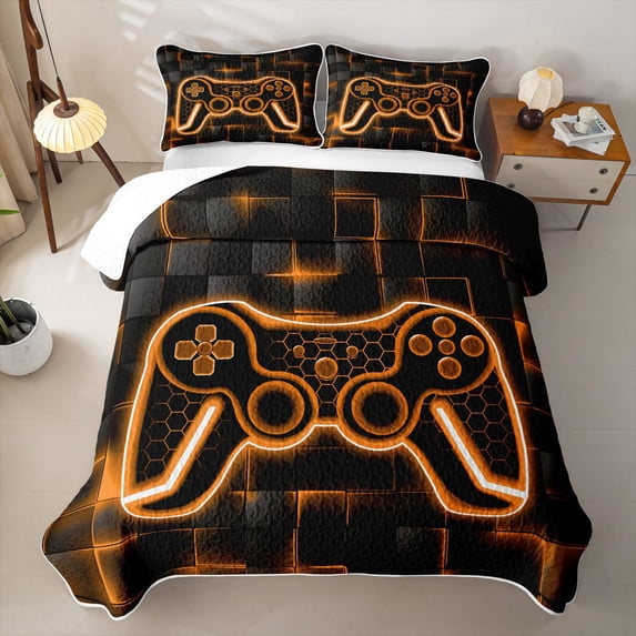 Erosebridal Gamepad Bed Spread Queen,Orange Neon Grid Art Queen Coverlet Set For Boys,3-Piece