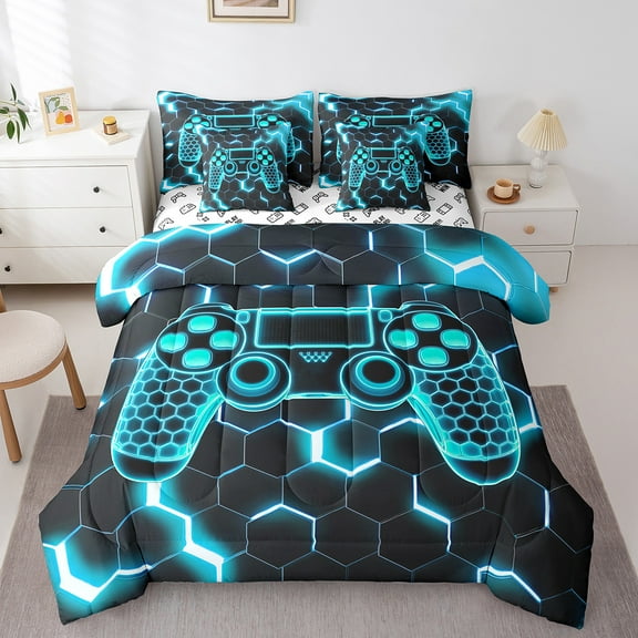 Erosebridal Gamepad Bed in a Bag Queen size, Game Player Bed Set, Honeycomb Geometry Decor, Reversible 7-Piece