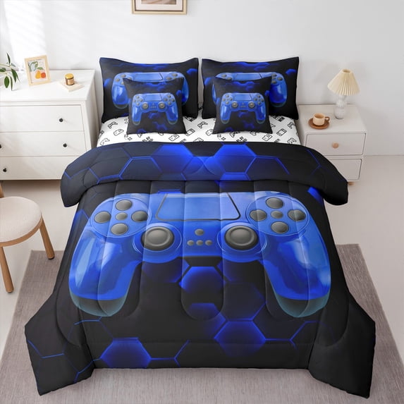 Erosebridal Gamepad Bed in a Bag Twin size for Teens, Geometric Bed Set, Teens Gaming Decor, Reversible 7 Pieces
