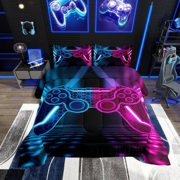 Erosebridal Gamepad Bedding Full Comforter Set, Gradient Neon Geometric Down Comforter, Blue Purple, Reversible 3-Piece