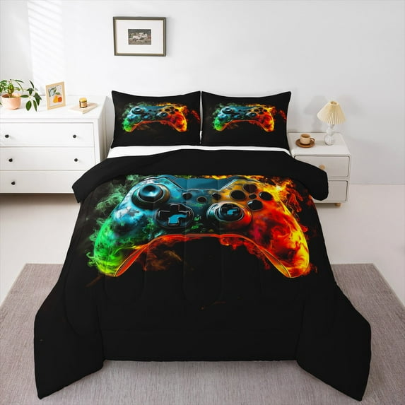 Erosebridal Gamepad Bedding Sets Queen with Comforter for Teens, Game Controller Bedding Queen Comforter Set, Watercolor Print Reversible Duvet Insert, Microfiber Room Decor, 3pcs