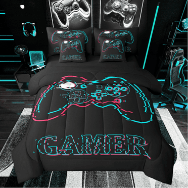 Erosebridal Gamepad Bedding Sets Twin Size,Video Gamer Comforter Sets with Sheets,Gaming Decoration,Reversible,Lightweight,7-Piece