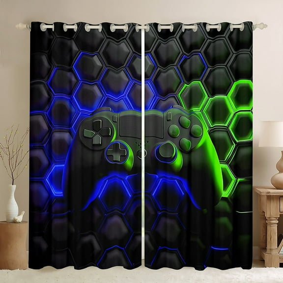 Erosebridal Gamepad Curtains Pack of 2 (38x45), Gradient Neon Geometric 30%-50% Blackout Curtains for Bedroom, Blue Green 30%-50% Black Out Curtains, Window Drapes Room Decoration