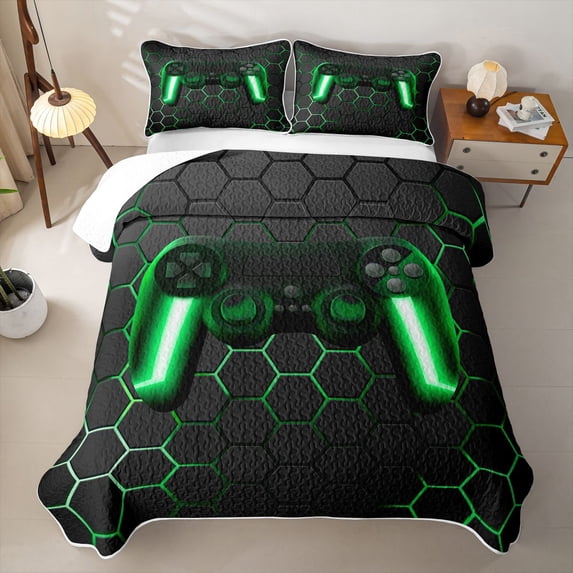 Erosebridal Gamepad Games Twin Quilt Set,Green Hexagon Geometric Twin Coverlet Set For Boys,2 Pieces