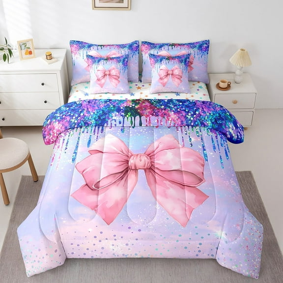 Erosebridal Kawaii Bowknot Bedding Sets King Size,Bling Glitter Bed in a Bag King size,Breathable Reversible Bedding King Size,Sequin Print Decor,7 Pieces