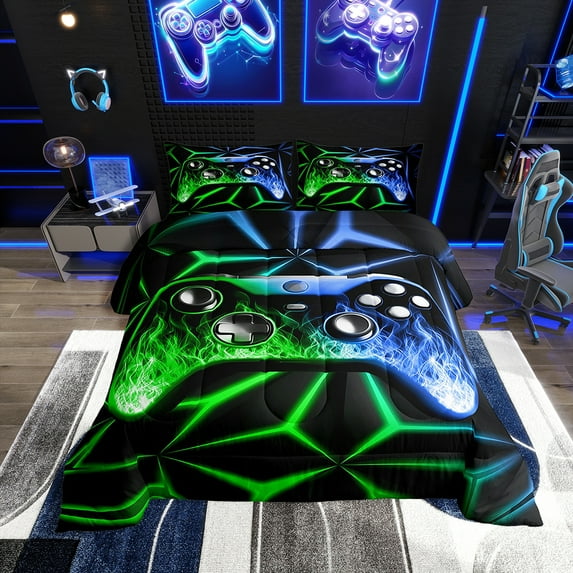 Erosebridal Gamepad Print Bedding Full Comforter Set for Teen, Gamer Duvet Insert, Black Green Blue, 3-Piece