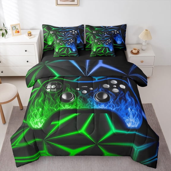 Erosebridal Gamepad Print Bedding Sets Twin Size 7 Pieces for Teen, Gamer Bed in a Bag, Black Green Blue
