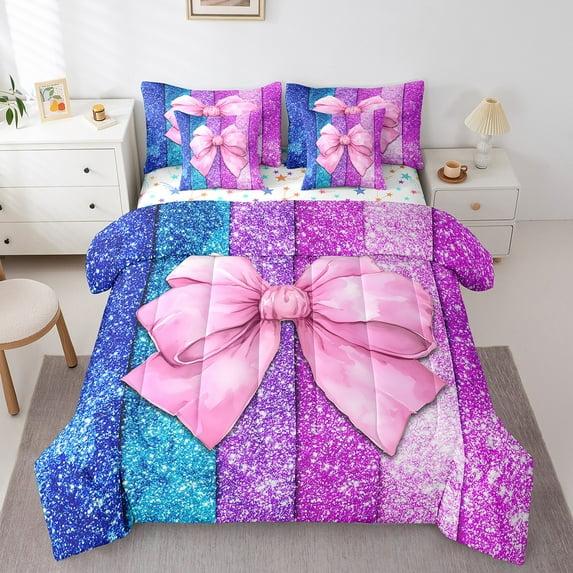 Erosebridal Pink Bow Bedding Sets Twin Size,Geometric Stripes Comforter Sets with Sheets,Lightweight Reversible Bed in a Bag Twin size,Bling Room Decorative,7pcs