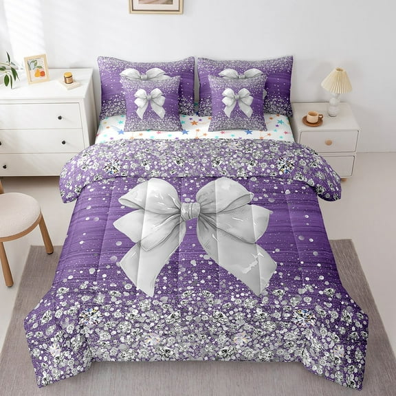 Erosebridal Bow Bowknot Bedding Sets King Size,Purple Grey Bed in a Bag King size,Super Cozy Reversible Bedding King Size,Teenager Bedroom Decor,7 Pieces