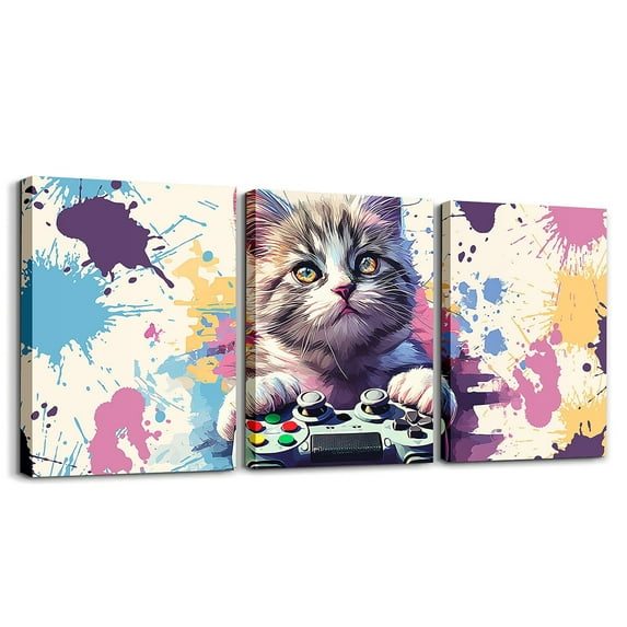 Erosebridal Gamer 3 Piece Canvas Wall Art 12"x16"x3pcs Gaming Office Wall Decorations Artwork Posters Modern Game Console Controller Bathroom Wall Art Joystick Room Decor Beige Purple