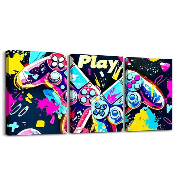 Erosebridal Gamer 3 Piece Canvas Wall Art for Living Room Bedroom 12"x16"x3pcs Gaming Office Wall Decorations Artwork Posters Modern Game Console Controller Bathroom Decor Pink Blue