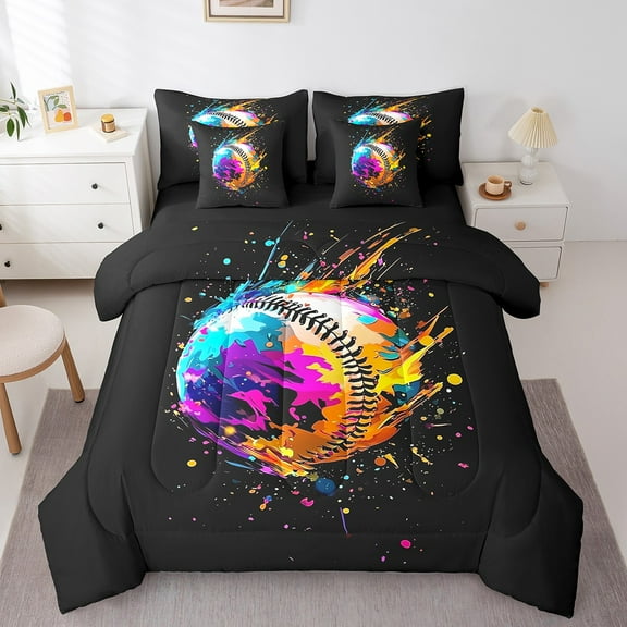Erosebridal Gamer Baseball Bedding Queen Size,Watercolor Splash Comforter Sets with Sheets,Sport Theme Bedding Sets Queen Size,Ultra Soft Ball Gamer Bedroom Decorative,Reversible,7 Pieces
