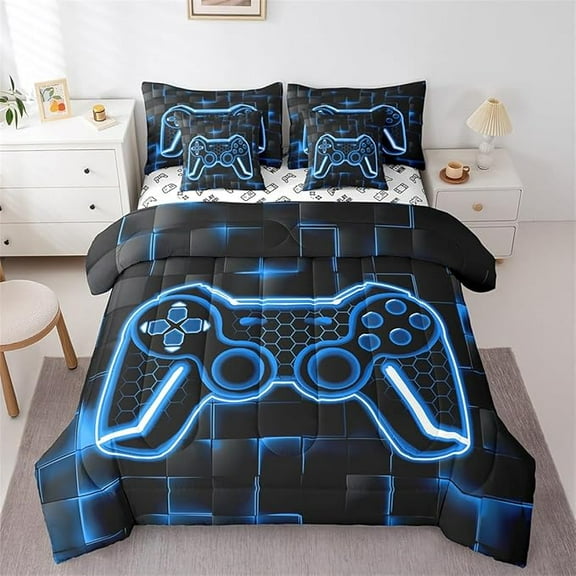 Erosebridal Gamer Bed in a Bag Set with Sheets Twin Size 7 Piece Blue and Black Bedding Set Teens Decor Honeycomb Gaming Ombre Bed in a Bag Geometric Square Bed Set