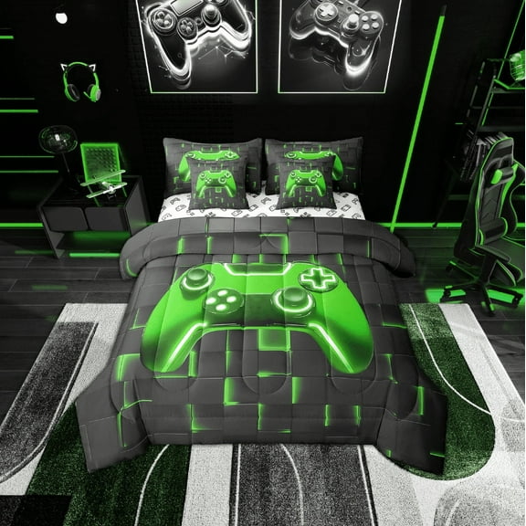 Erosebridal Gamer Bed in a Bag Twin Size, Gradient Green Checkered Bed Set, Video Game Room Decorative, Reversible 7 Pieces