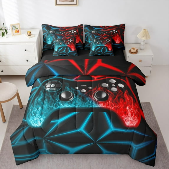 Erosebridal Gamer Bed in a Bag Twin size 7pcs , Geometric Comforter Sets with Sheets, Black Blue Red, Reversible