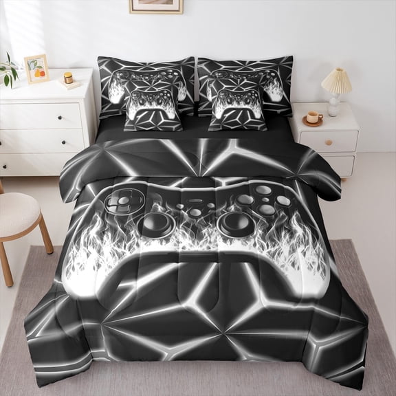 Erosebridal Gamer Bed in a Bag Twin size 7pcs , Geometric Comforter Sets with Sheets, Black Grey, Reversible