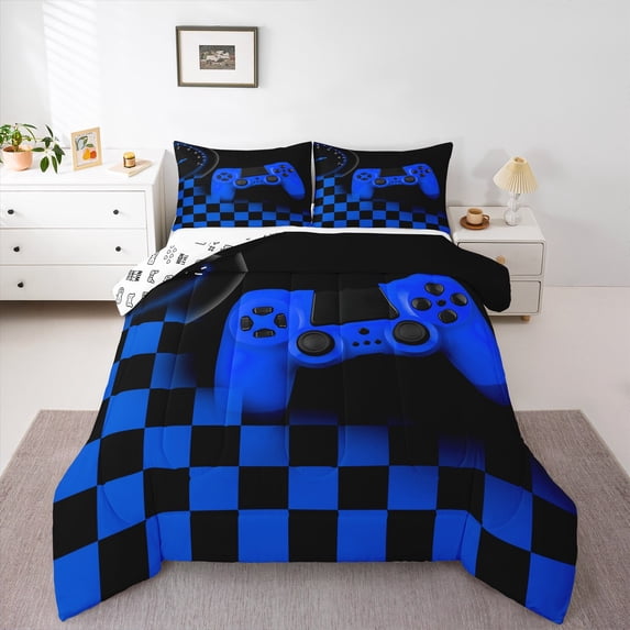 Erosebridal Gamer Bedding Set ,Blue Buffalo Plaid Check Gaming Comforter Set King Size Gamer Room Decor Gift,Gamepad Alternative Duvet Insert,Gamer Quilt Set with 2 Pillowcases All Season