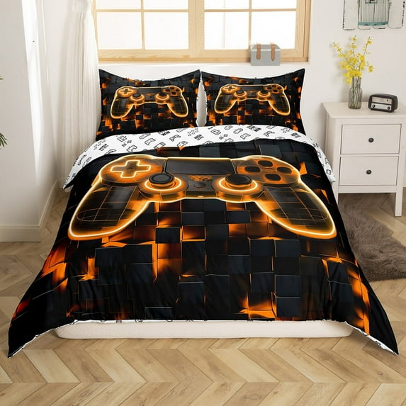 Erosebridal Gamer Bedding Set for Boys Gaming Room Duvet Cover Twin Soft Reversible Comforter Cover, Orange Geometry Honeycomb Print Bedspread Cover 2 Pcs, Modern Abstract Plaid Bedding