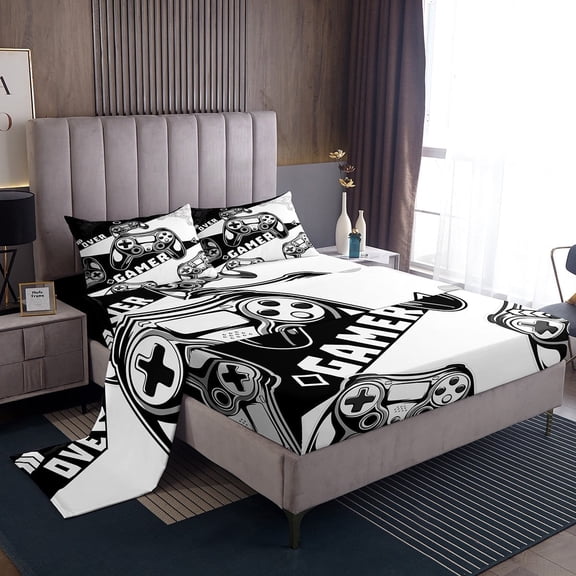 Erosebridal Gamer Bedding Sets,Gamepad Gaming Bed Sheets Full Size Modern Game Room Decor,Games Console Sheet Set White Black Bedroom Decor with 2 Pillowcases