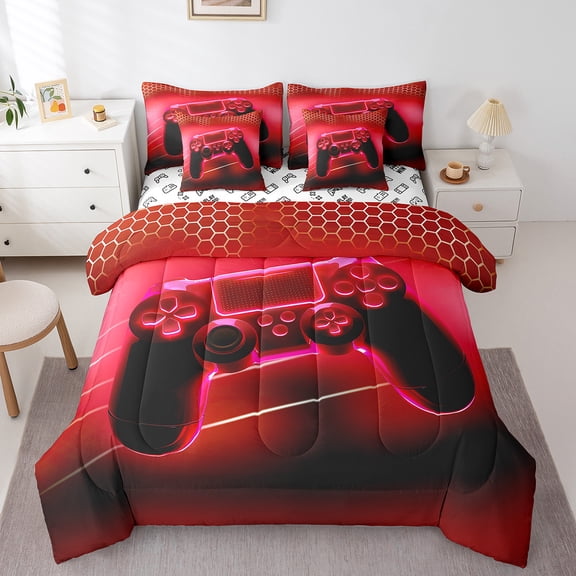 Erosebridal Gamer Bedding Twin Size,Red Gamepad Comforter Sets with Sheets,Geometric Geometry Honeycomb,Breathable Bedroom Decor Reversible,7pcs