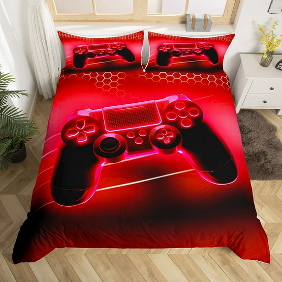 Erosebridal Gamer Duvet Cover Toddler,Red Gamepad Bedding Sets Toddler Size,Geometric Geometry Honeycomb,Breathable Bedroom Decor Reversible,2pcs（No Comforter）