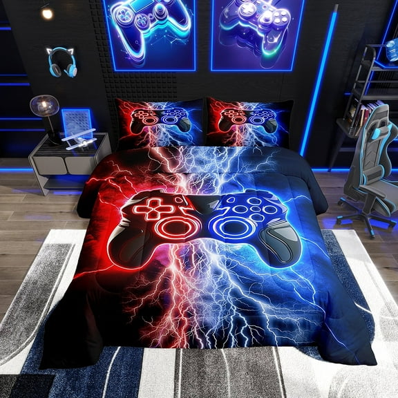 Erosebridal Gamer Comforter Set Full Size Gaming Comforter Teens Modern Game Console Controller Bedding Set Joystick Room Decor Blue Red Quilt Set