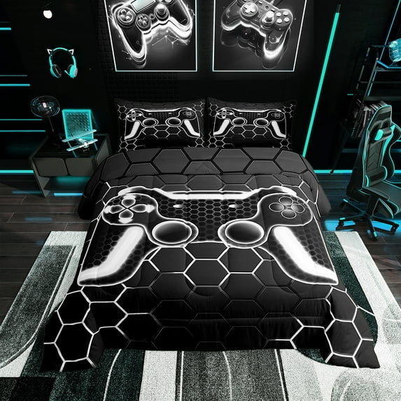 Erosebridal Gamer Comforter Set King Size,Gaming Bedding Sets For Teen Men,Neon Black Grey Honeycomb Comforter Video Game Room Decor,Geometric Bed Set For All Season,3 Pcs
