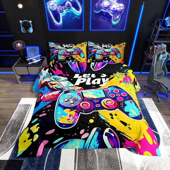 Erosebridal Gamer Comforter Set Queen Size Gaming Comforter Teens Modern Game Console Controller Bedding Set Joystick Room Decor Black Yellow Quilt Set