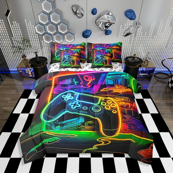 Erosebridal Gamer Comforter Set with Sheets Queen Size Gaming Bed in a Bag Set Teens Modern Game Console Controller 7 Pieces Bedding Set Joystick Room Decor Colrful