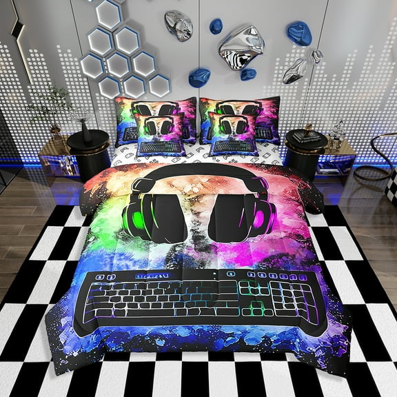 Erosebridal Gamer Comforter Set with Sheets Twin Size Gaming Bed in a Bag Set Teens Earphone Controller 7 Pieces Bedding Set Keyboard Room Decor Dark Blue