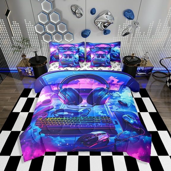 Erosebridal Gamer Comforter Set with Sheets Twin Size Gaming Bed in a Bag Set Teens Keyboard 7 Pieces Bedding Set Earphone Room Decor Bright Blue