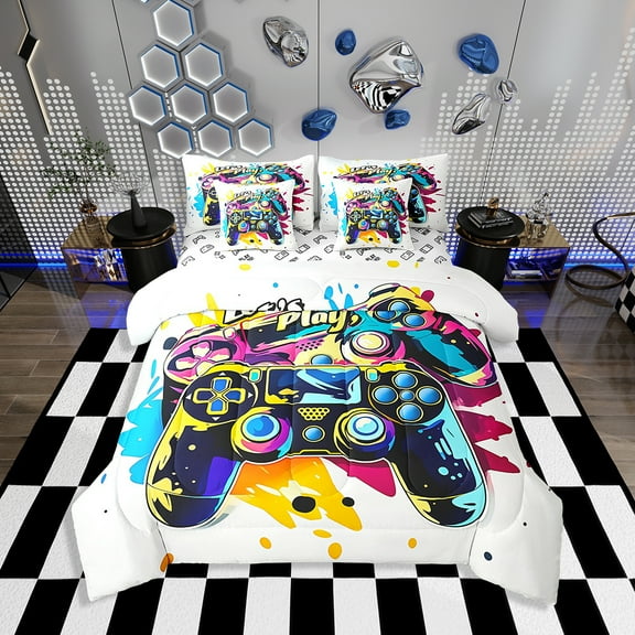 Erosebridal Gamer Comforter Set with Sheets Twin Size Gaming Bed in a Bag Set Teens Modern Game Console Controller 7 Pieces Bedding Set Joystick Room Decor Raw White